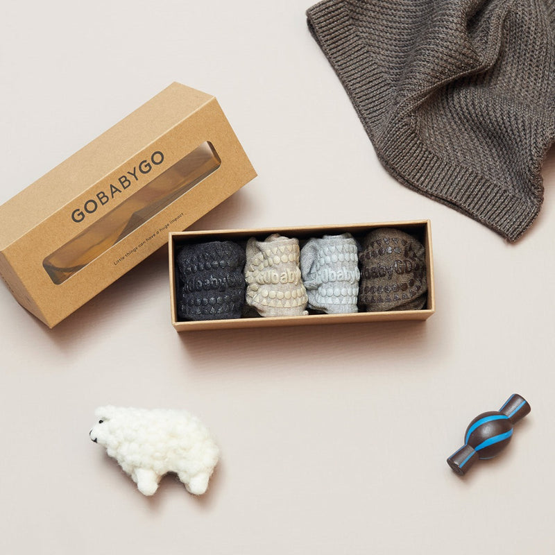 Combo Box 4-pack laine mérinos - Mélange gris foncé, sable, mélange gris, mélange marron